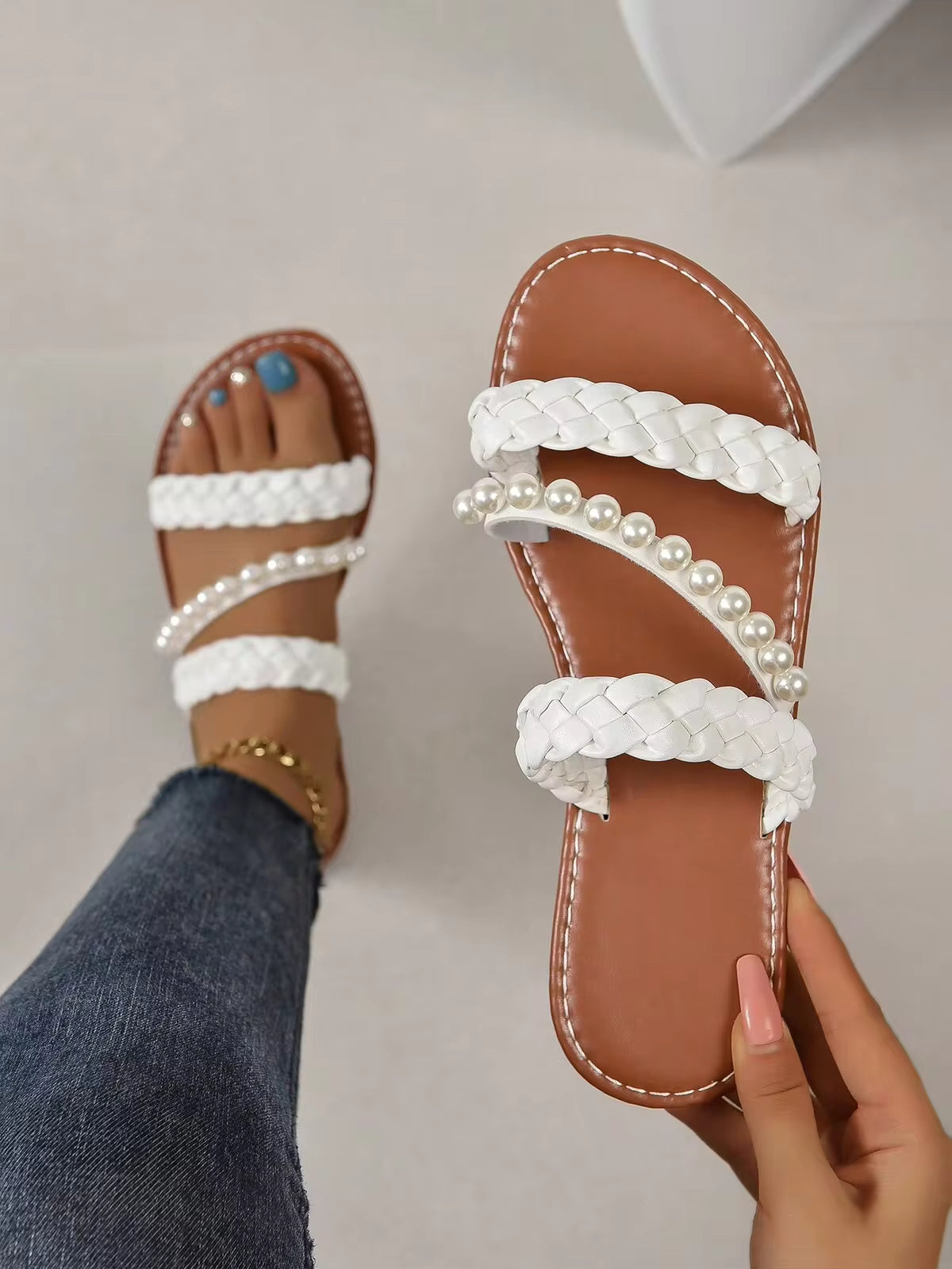 Beach Vacation Women's Lace & Pearl Decor Multi-Strap Flat Sandals, Elastic Ankle Strap Casual Summer Roman Shoes For Tropical Getaways & Resort Wear