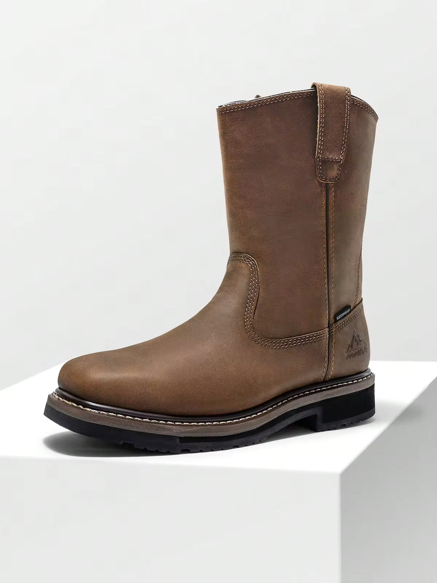 Men's Steel Toe Waterproof Pull-On Wellington Work Boots, Full-Grain Leather Durable Footwear, Oil & Slip Resistant, Perfect For Construction