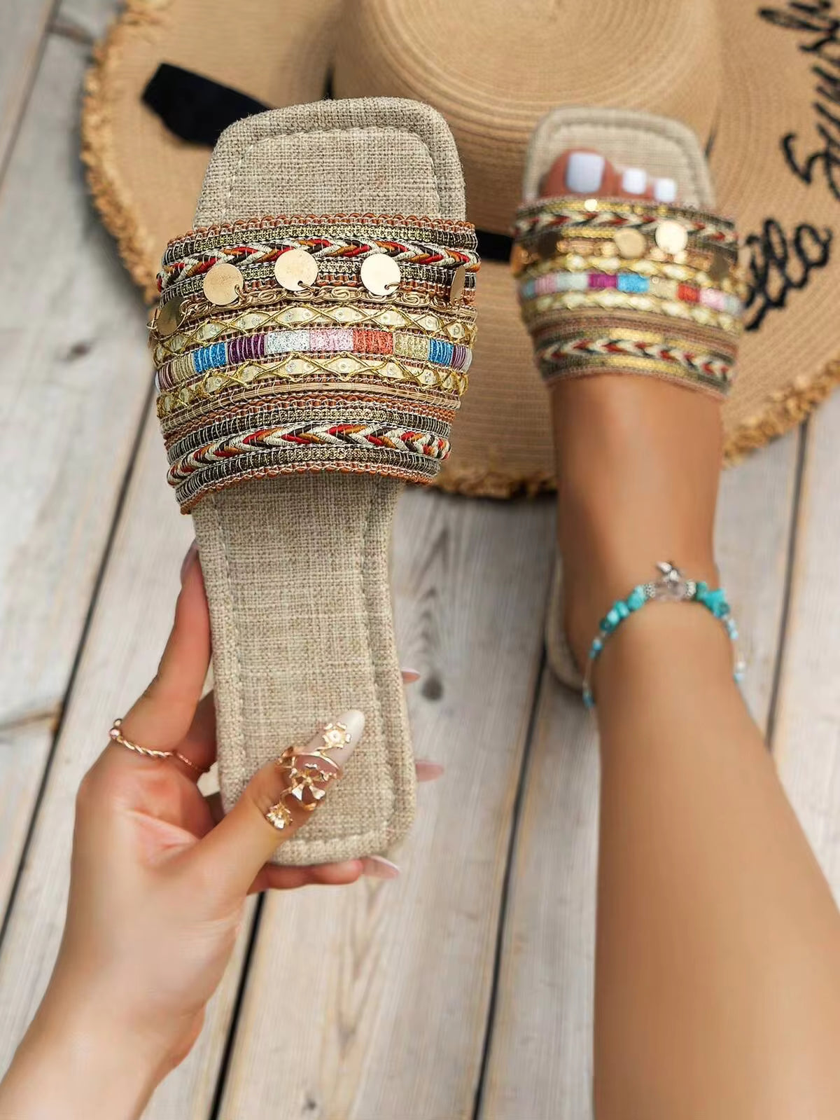 WRCVS Brown Ladies Sandals, Multi-Color Knitted Tassel Embroidered Flat, Summer, Fashion Sexy Chain Decor Beach Shoes, Outdoor, Boho, Slippers