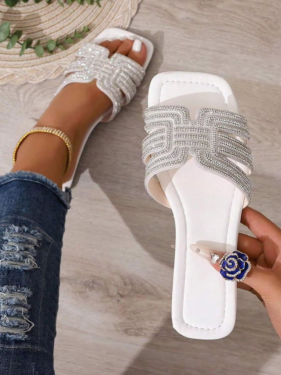 Ximi Ruo Rhinestone Sparkle Luxury Women's, Summer Sandals, Comfortable Flat Heel Round Toe Beach Sandals, Fashion Casual Strap Outdoor Slide Sandals, Sandals