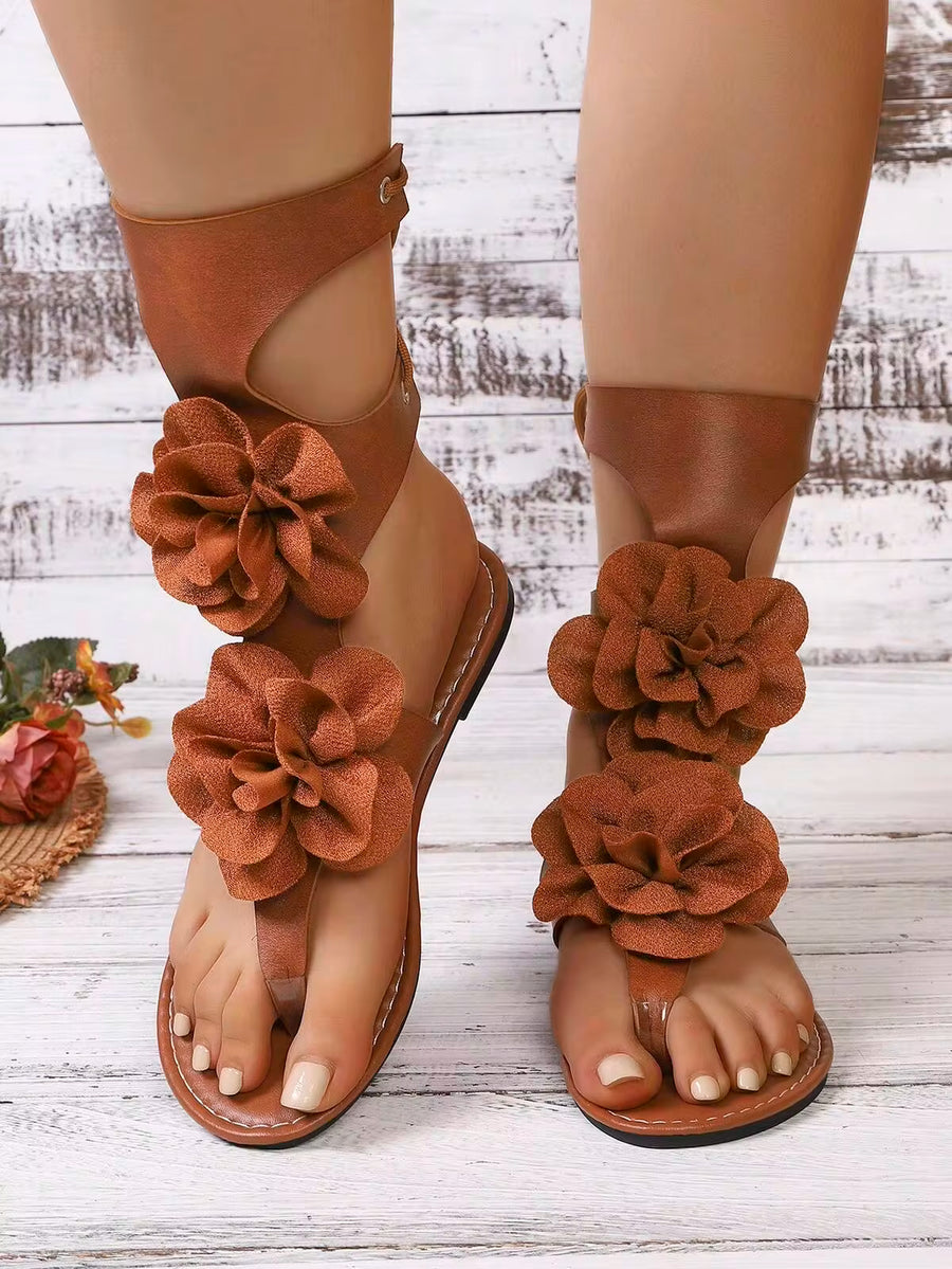 Women's High-Top Thong Sandals With Floral Decor, Elegant Fashion-Forward Bohemian Casual Sexy PU Flat Sandals For Beach, Wedding, Vacation, Summer